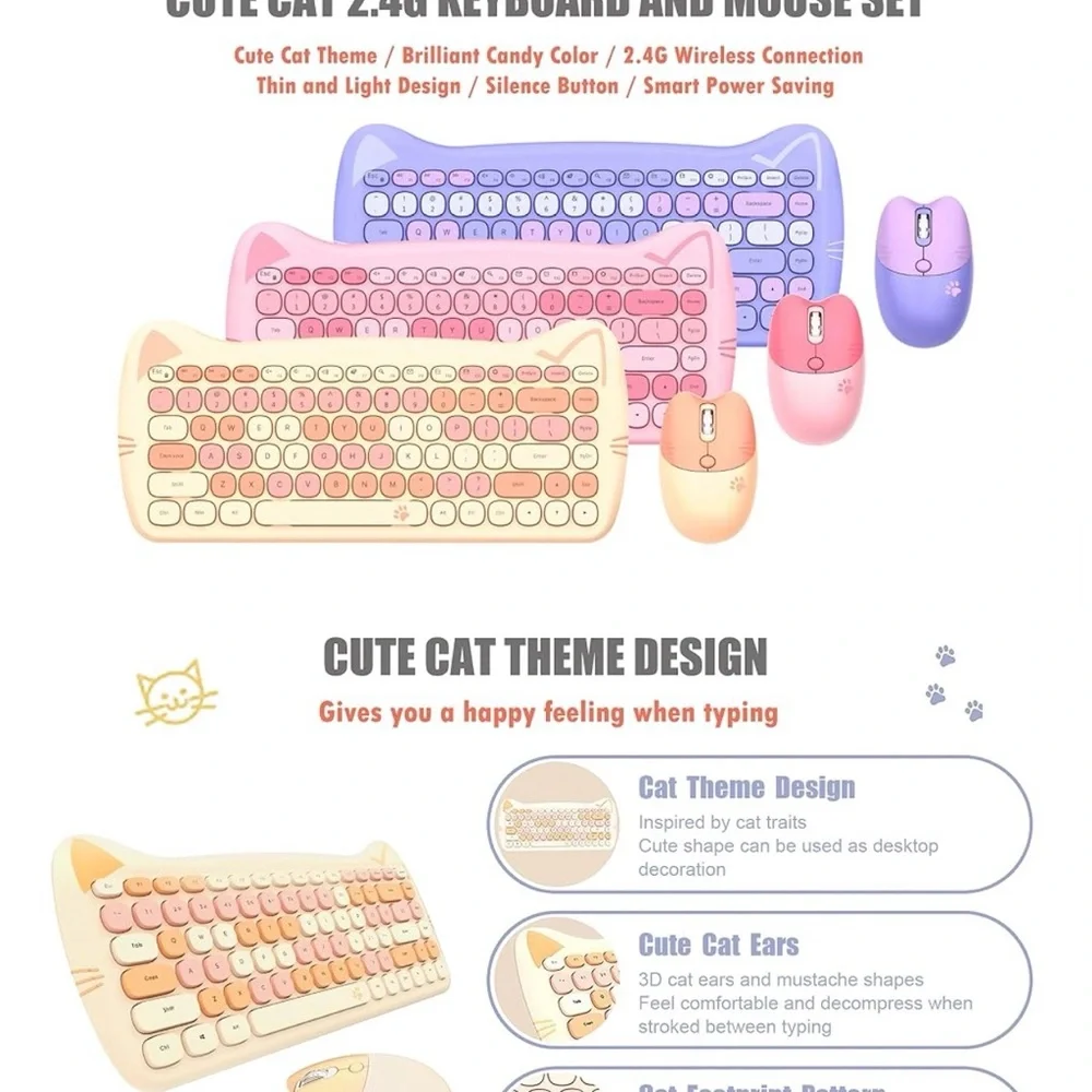 Pink Cat Ear Keyboard and Mouse Set
